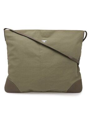Prada Triangle Logo Tote Big Shoulder Bag Crossbody Canvas Leather Khaki Brown